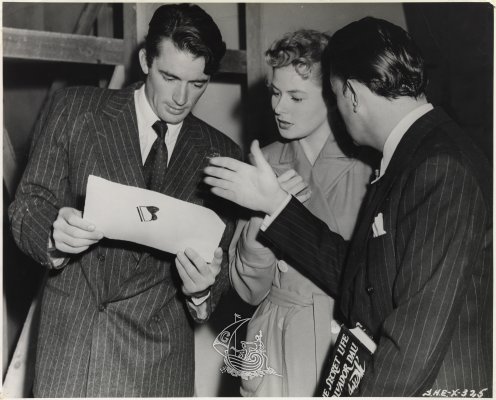 Picture by Madison Lacy. Gregory Peck, Ingrid Bergman and Salvador Dalí during the filming of Alfred Hitchcock's <em>Spellbound</em>, 1945