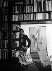 Dalí, en el interior de casa, bajo una estantería llena de libros con un cuadro al fondo.