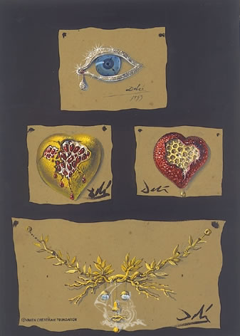 Étude pour les bijoux: "L'oeil du temps", "Coeur en forme de grenade", "Coeur en rayon de miel" et "Le collier à l'arbre de vie"