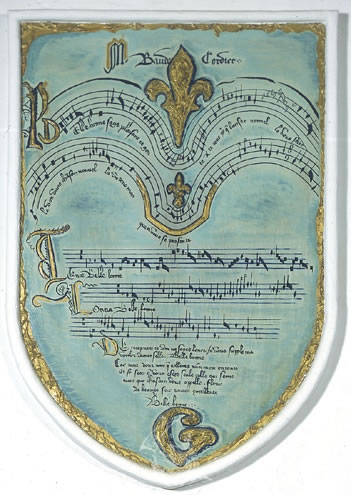 Untitled. Coat of arms with an epigram of the musical score "Belle, bone, sage" by B.Cordier