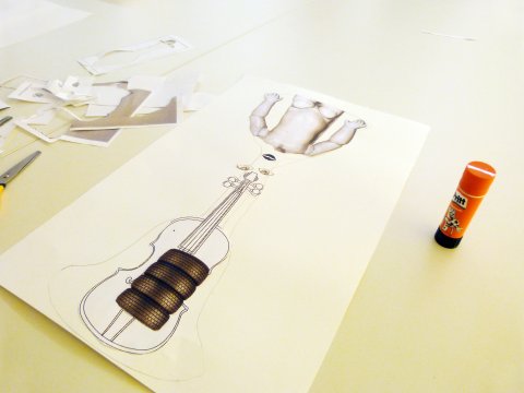 Glue the pictures onto the card to create your surrealist musical instrument.