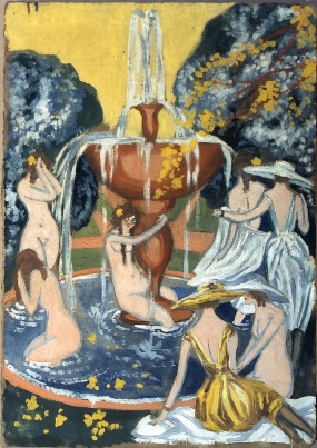 Nymphes et demoiselles à la fontaine d’un jardin
