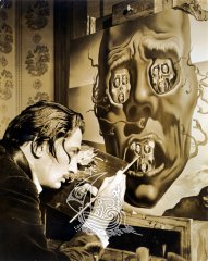 Photograph of Salvador Dalí painting one of his famous pictures.