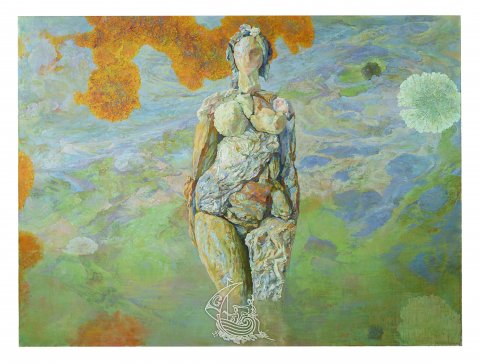 Desnudo mineral en un cielo de piedras y pizarras, 1972. Óleo / tela 97 x 130 cm. Antoni Pitxot. Colección particular Dalle Molle