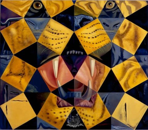 50 tableaux abstraits qui, à deux mètres de distance, se transforment en trois Lénine déguisés en chinois et, à six mètre,s dessinent la tête d'un tigre royal