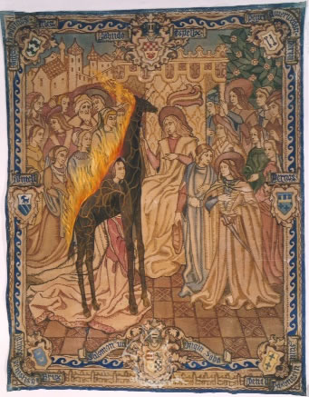 Sin título. Girafa en llamas en una escena de la Reina de Saba visitando al Rey Salomón