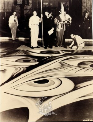 Salvador Dalí in front of one of the sets for the film <em>Spellbound</em>, 1945