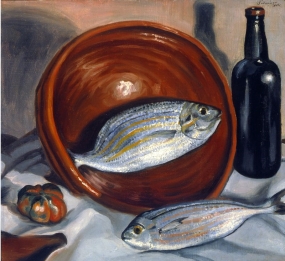 Nature morte. Poisson avec plat en terre cuite