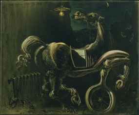 Debris of an automobile giving birth to a blind horse biting a telephone