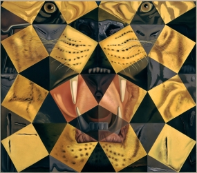 50 tableaux abstraits qui, à deux mètres de distance, se transforment en trois Lénine déguisés en chinois et, à six mètres, dessinent la tête d’un tigre royal