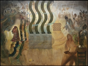 Salvador Dalí pintando a Gala en “La apoteosis del dólar”, donde a la izquierda se ve a a Marcel Duchamp disfrazado de Luís XIV detrás de una cortina vermeeriana, que no es sino el rostro invisible pero monumental de Hermes de Praxiteles