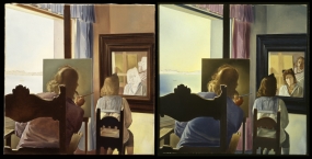 Dalí d'esquena pintant Gala vista d'esquena eternitzada per sis còrnies virtuals provisionalment reflectides a sis miralls vertaders. Obra estereoscòpica
