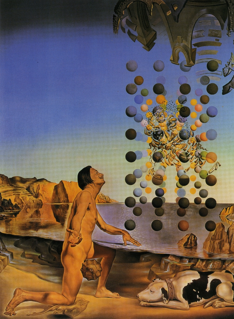 Dalí, nu, en contemplation devant cinq corps réguliers métamorphosés en corpuscules dans lesquels apparaît soudain la «Léda» de Léonard, chromosomatisée par le visage de Gala