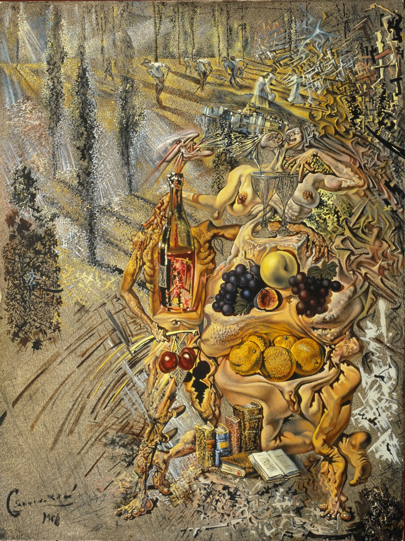 Dionysos crachant l’image complète de Cadaqués sur le bout de la langue d’une femme gaudinienne à trois étages