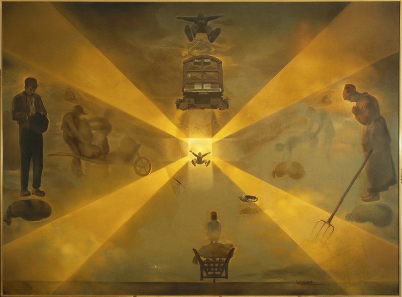 Dalí en état d’antigravité dans son chef-d’oeuvre «Pop-Op-Yes-Yes-Pompier», où l’on peut observer les deux personnages angoissants de «L’Angélus» de Millet en état d’hibernation atavique, se détachant sur un ciel prêt à éclater en une gigantesque croix de Malte, en plein coeur de la gare de Perpignan où l’univers tout entier doit converger