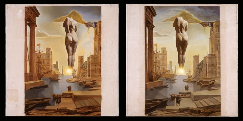 Dalí's Hand Drawing Back the Golden Fleece in the Form of a Cloud To Show Gala the Dawn Completely Nude, Very, Very Far Away Behind the Sun. Stereoscopic work