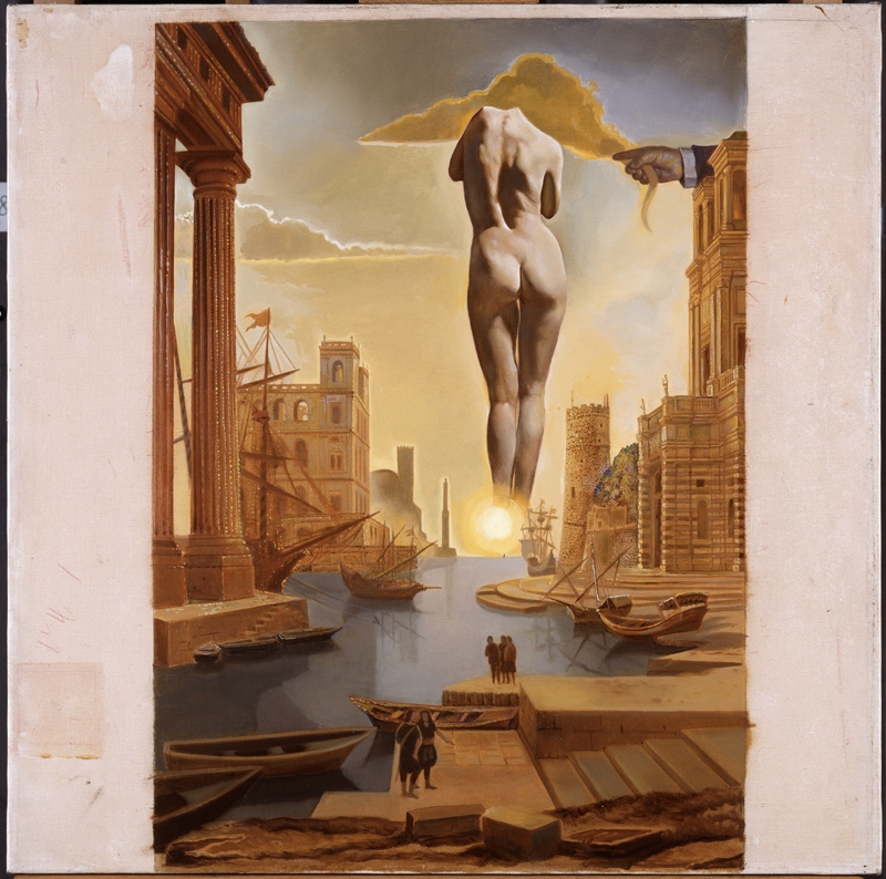 Dalí's Hand Drawing Back the Golden Fleece in the Form of a Cloud To Show Gala the Dawn Completely Nude, Very, Very Far Away Behind the Sun. Stereoscopic work