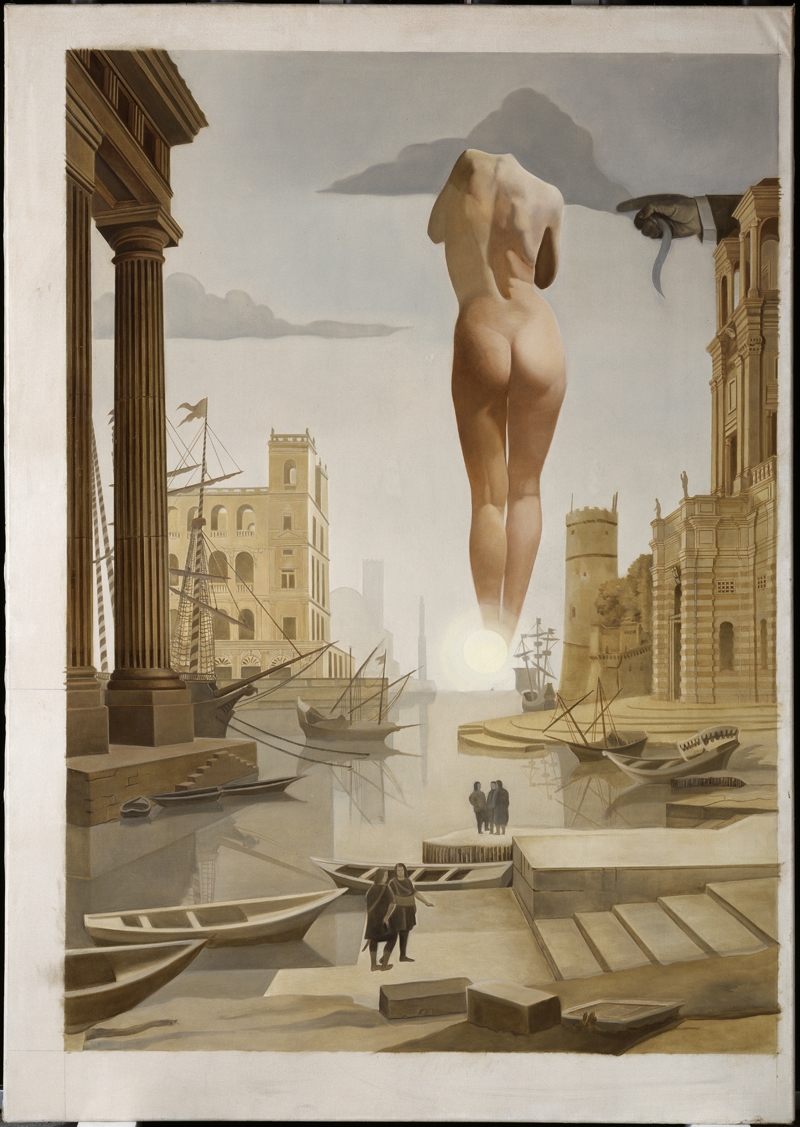 La main de Dalí retirant une Toison d'Or en forme de nuage pour montrer à Gala l'aurore toute nue très, très loin derrière le soleil. Œuvre stéréoscopique